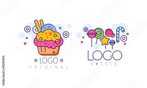 Sweets Logo Design Set, Tasty Cupcake and Candies Dessert Labels for Bakery, Candy Shop, Cafe Design Cartoon Style Vector Illustration