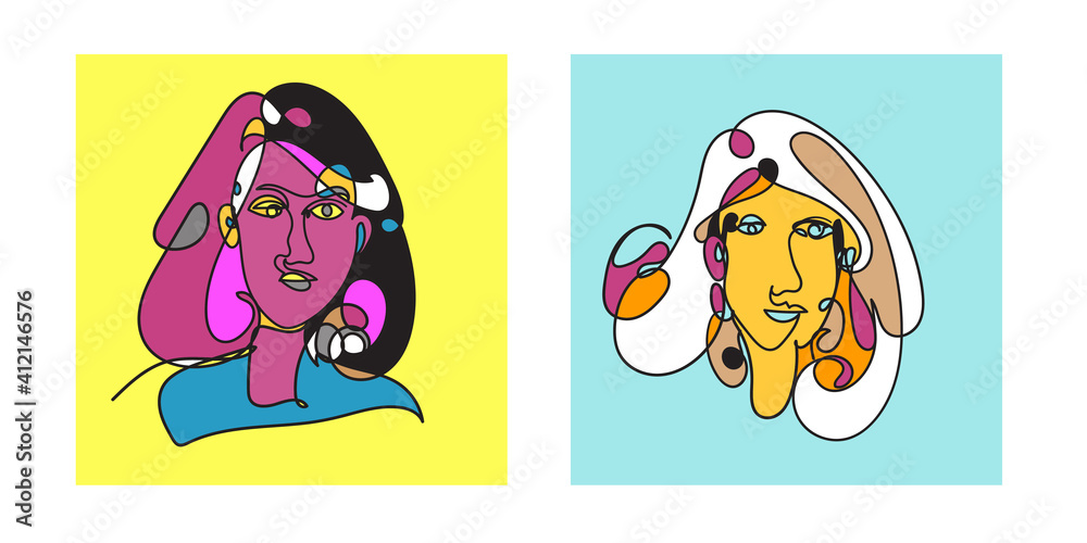 Colorful Woman portrait continuous line art drawing in psychedelic abstract surreal style.