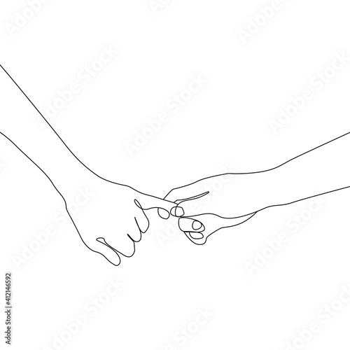 Hands Holding Single Line Art Drawing. Pinky Swear Minimal One Line Illustration. Hands Gesture Continuous Line Drawing. Modern Minimalist Contour Illustration. Vector EPS 10.