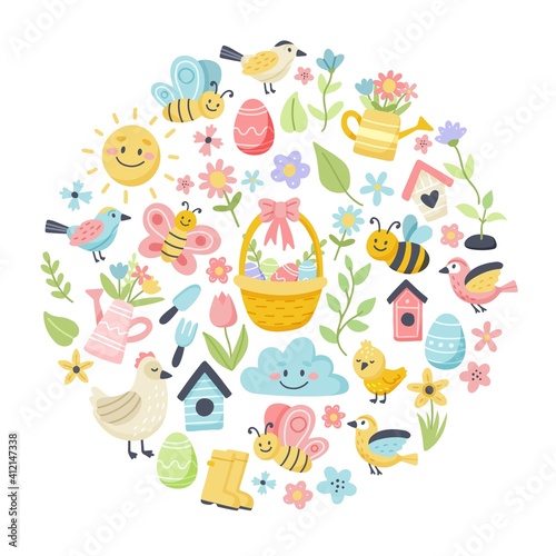 Easter spring set with cute eggs  birds  bees  butterflies. Hand drawn flat cartoon elements in circular frame. Vector illustration
