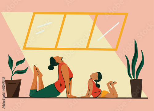 Mother with daughter doing fitness at home. Flat design illustration. Vector