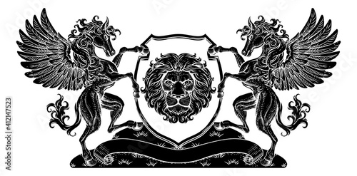 A crest coat of arms family shield seal featuring Pegasus horses with wings and lions photo