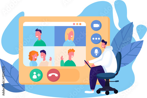 Online mobile conference with group. Flat design illustration. Vector © PlanetOfVectors