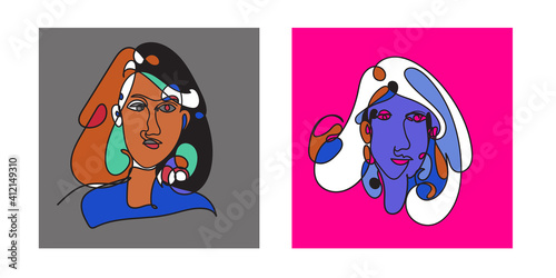 Colorful Woman portrait continuous line art drawing in psychedelic abstract surreal style.