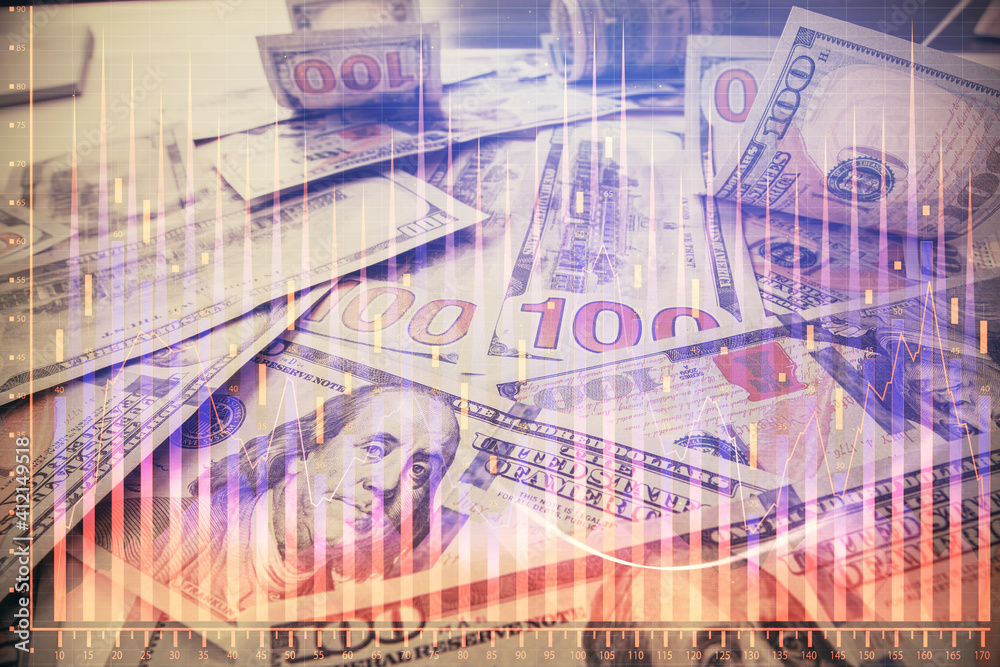 Multi exposure of forex chart drawing over us dollars bill background. Concept of financial success markets. Multi exposure of forex chart drawing over us dollars bill background. Concept of financial success markets.