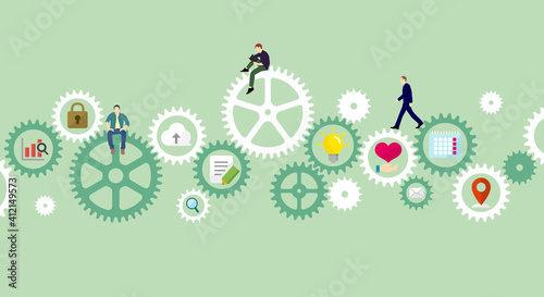 Business concept illustration banner. Gear wheel (technology) and people’s life.