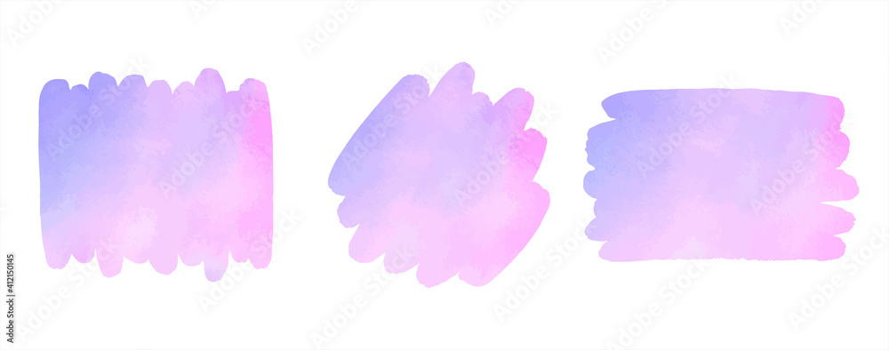 Watercolor vector colorful brush strokes set. Pink, lilac, light violet text frames, artistic backgrounds, banners. Rectangle, rounded smear shapes. Watercolour paint stains graphic design elements.