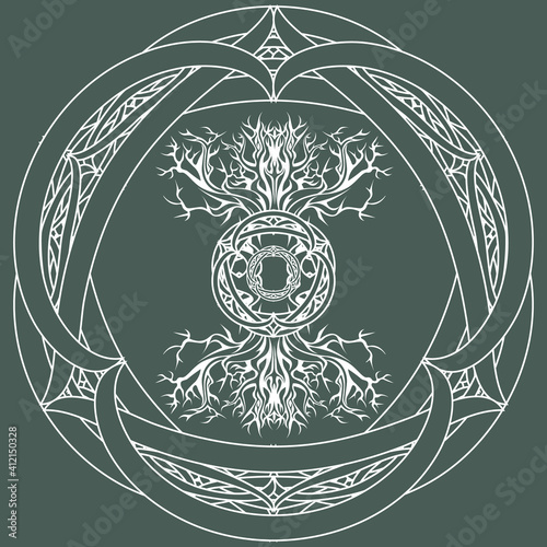 yggdrasil, viking tree of life, in tribal celtic frame on green background