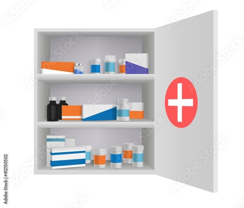 Medicine cabinet with tablets pills and drug bottles. Home pharmacy in bathroom 3d vector illustration. Open box with first aid medication, storage shelf with personal medicine objects