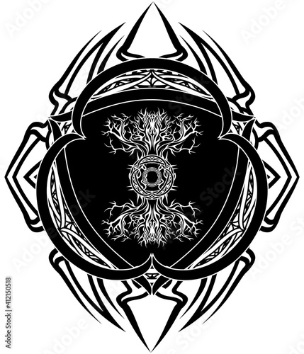 yggdrasil, viking tree of life, in dark celtic tribal frame