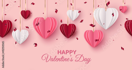 Happy Saint Valentine's day web banner. Hanging red, pink, white paper cut hearts on blush background. Decorative holiday banner, festive poster, romantic flyer. Vector illustration