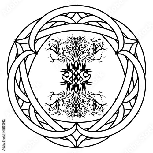 yggdrasil, viking tree of life, in knotted tribal celtic frame