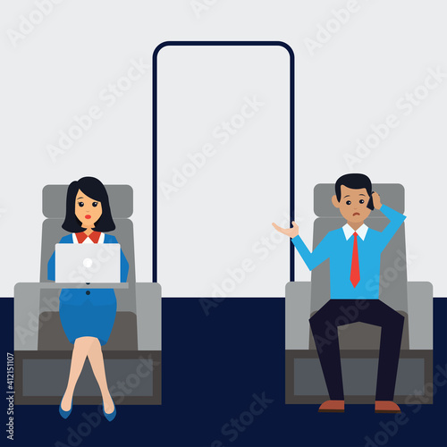 businessman and businesswoman passenger doing work on airplane business class cabin. vector illustration