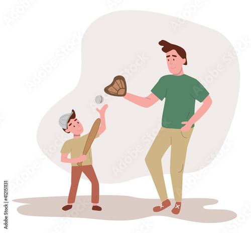 Father and son playing baseball. Flat design illustration. Vector