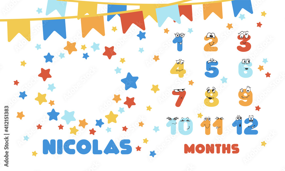 Colorful, bright milestone blanket for new born. Personalized backdrop for monthly calendar photos. Stock vector illustration with facial expression, pennant banner, stars. birthday celebration.