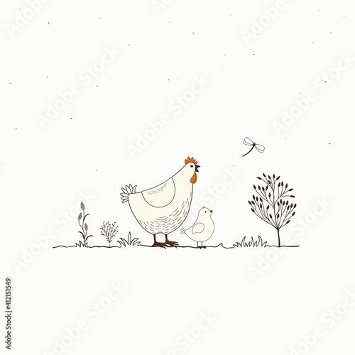 Illustration of  funny cartoon chickens and butterfly