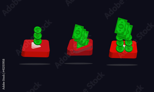 3d youtube Icon and Money Icon Template Bundle. Video monetization concept. Making money from video content. Moneymaker icon logo design 