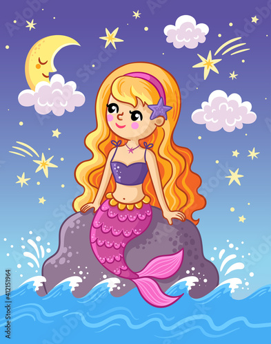 The mermaid sits on a stone above the sea and looks at the moon at night.