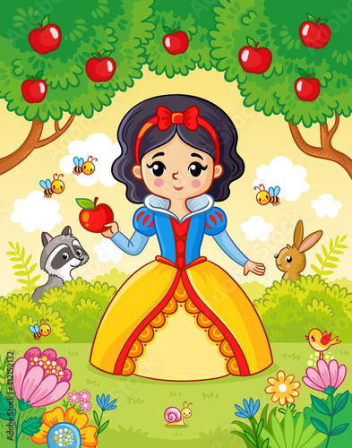 Little cute beautiful princess stands in the forest among trees and animals. Vector illustration in cartoon style.