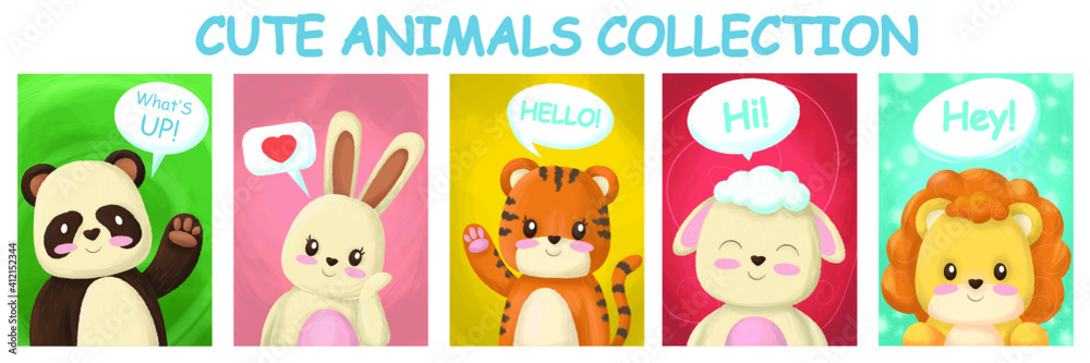 Collection of cute animals, hand-drawn characters. Hare, tirg, mouse, panda, sheep, lion with clouds with text. Vector illustration.
Collection of cute animals, hand-drawn characters. Hare, tirg, mouse, panda, sheep, lion with clouds with text. Vector illustration.