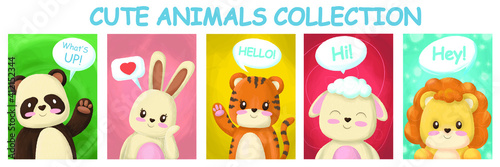 Collection of cute animals, hand-drawn characters. Hare, tirg, mouse, panda, sheep, lion with clouds with text. Vector illustration.
