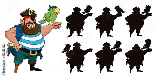 Funny fat pirate and parrot. Find the correct shadow. Educational game for children. Cartoon vector illustration.