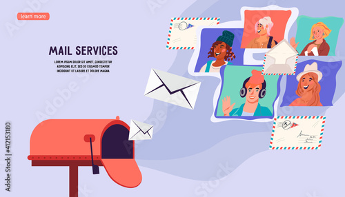Mail service website banner template with open red mailbox with an envelopes and letters. Landing page for email and postal services, messengers apps, flat vector illustrations.