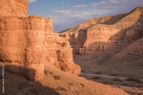 Rugged badlands landscape and terrain of Charyn Canyon National Park in the Almaty Province of Kazakhstan.