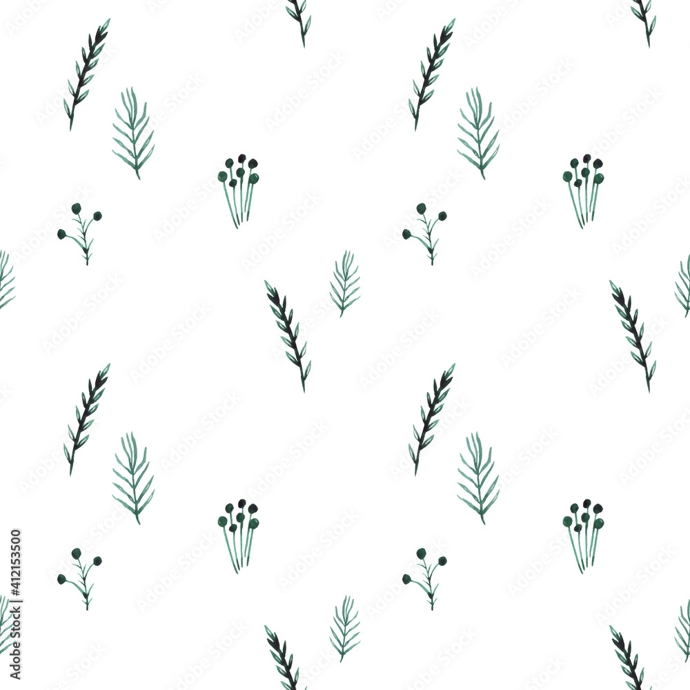 Hand drawn watercolor illustration. Seamless pattern. Сomposition green of herbs and berries isolated on a white background. Floral ecology pattern. 