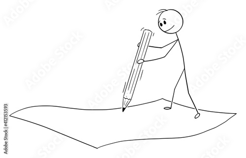 Businessman or man writing with pencil on sheet of paper, signing agreement, vector cartoon stick figure or character illustration.