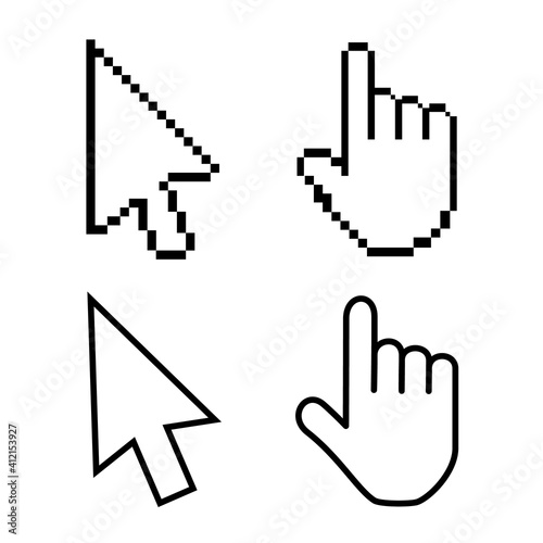 Hand cursor icon with an index finger and arrow. Pixel design graphics for modern computer technology, web sites, blogs, computer applications, programs. Vector illustration in flat style