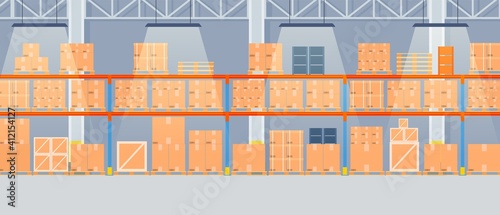 Warehouse interior with cardboard boxes on metal racks. empty Warehouse interior with goods, pallet trucks and container package boxes. Storage room in store, market. Vector illustration in flat style