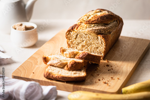 Obraz na plátně Fresh homemade banana bread on light background.