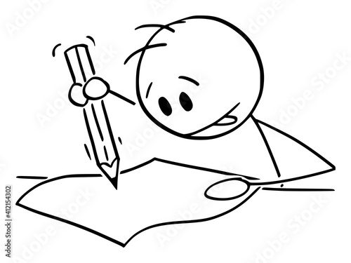 Creative man drawing or writing with pencil on blank sheet of paper, vector cartoon stick figure or character illustration.