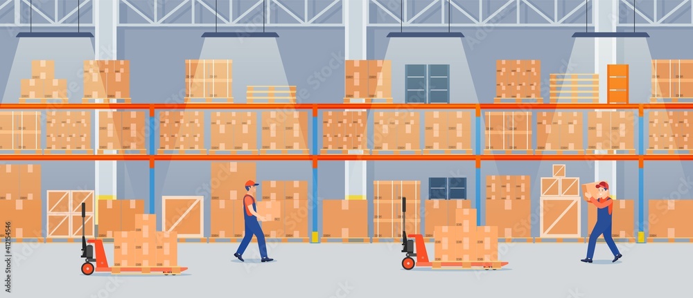 Warehouse interior with cardboard boxes on metal racks and working ...