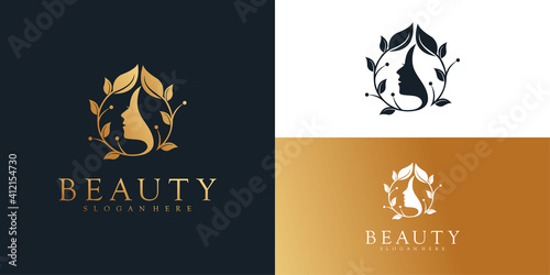 Woman logo design with golden gradient colors concept Premium Vector.