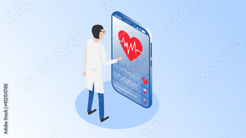 The doctor conducts a study of the work of the heart whose state is displayed on the phone screen. Concept of modern technologies in medicine. Telemedicine.