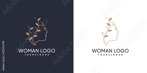 Woman face combine with leaf logo design golden gradient colors concept Premium Vector