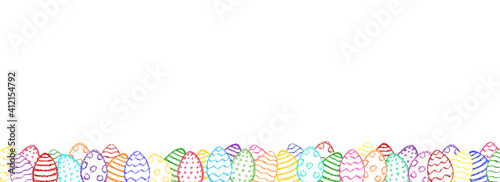 Chalk Easter egg background. Children drawing eggs hunt hand drawn wax crayons art on white. Crayon style funny eggs banner. Color oil pastel crayons freehand drawn eggs border.Easter symbols frame.

