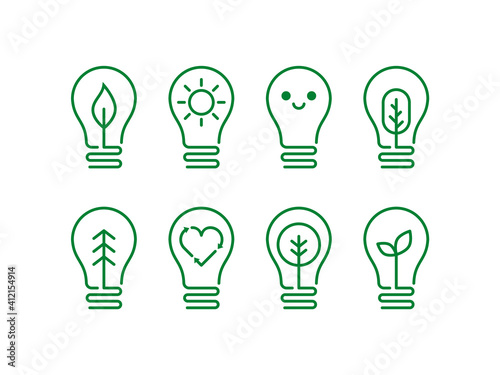 Eco friendly lightbulb icon set. Bulb with a leaf, tree, heart, smiley, sun. Green energy concept. Zero emission logo, sign, symbol. Sustainable energy. Thin line illustration. Vector, flat, clip art.