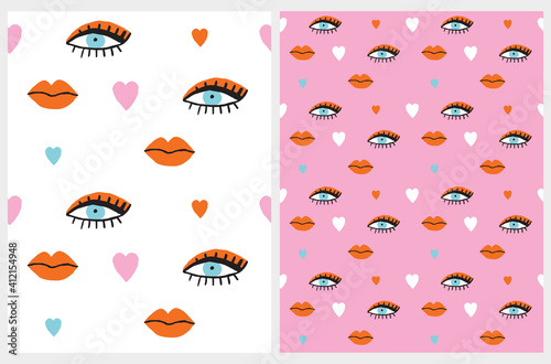 Funny Seamless Vector Patterns with Hand Drawn Eyes, Lips and Hearts Isolated on a White and Light Pink Background. Simple Colorful Print with Woman's Eyes and Lips.