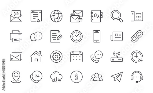 Contact Line Icons. Editable stroke linear icon set for mobile and web. Contains such icons as Chat, Email, Phone, Location, Support. Vector illustration