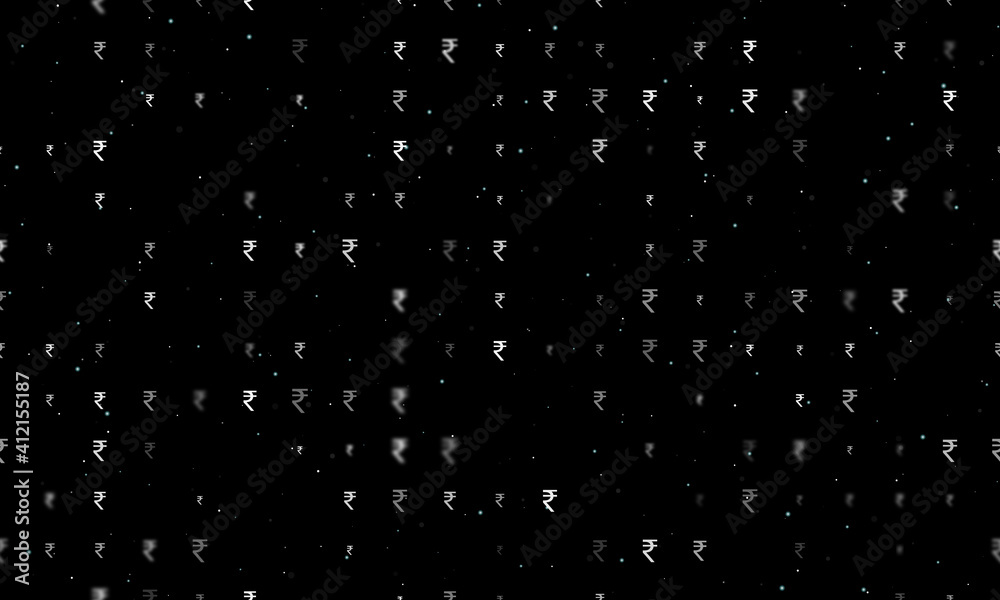Seamless background pattern of evenly spaced white indian rupee symbols of different sizes and opacity. Vector illustration on black background with stars Seamless background pattern of evenly spaced white indian rupee symbols of different sizes and opacity. Vector illustration on black background with stars