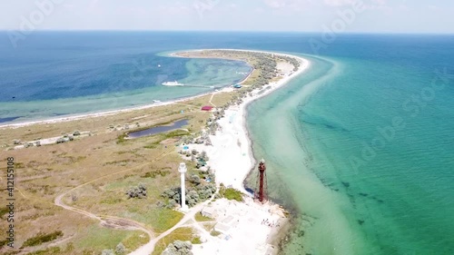aerial view of the steppe island near the blue sea
