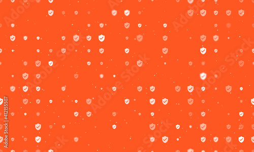 Seamless background pattern of evenly spaced white protection mark symbols of different sizes and opacity. Vector illustration on deep orange background with stars