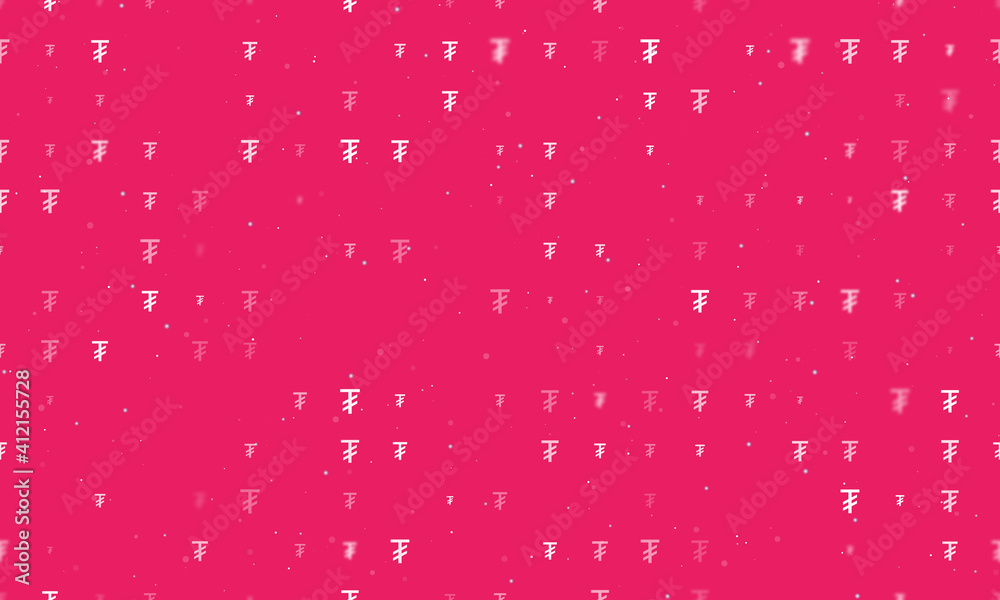 Seamless background pattern of evenly spaced white tugrik symbols of different sizes and opacity. Vector illustration on pink background with stars Seamless background pattern of evenly spaced white tugrik symbols of different sizes and opacity. Vector illustration on pink background with stars
