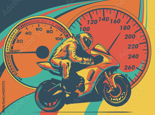 Fotografie, Obraz Motorcyclist on a motorcycle in colored background vector illustration