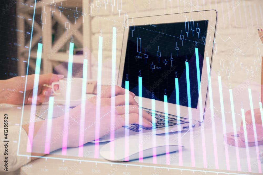 Double exposure of woman hands typing on computer and forex chart hologram drawing. Stock market analysis concept. Double exposure of woman hands typing on computer and forex chart hologram drawing. Stock market analysis concept.