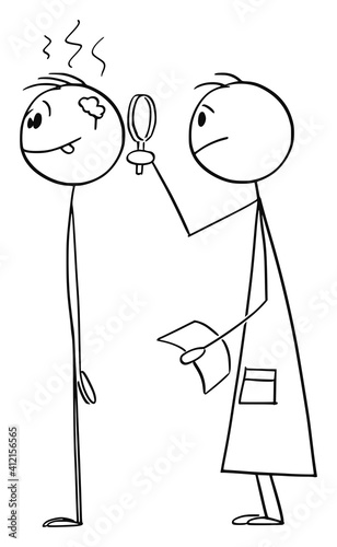 Doctor or scientist watching or researching small brain of another man, vector cartoon stick figure or character illustration.