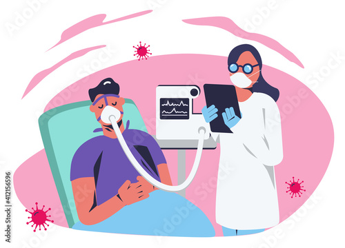 Respiratory system, patient and doctor with analysis. Flat design illustration. Vector